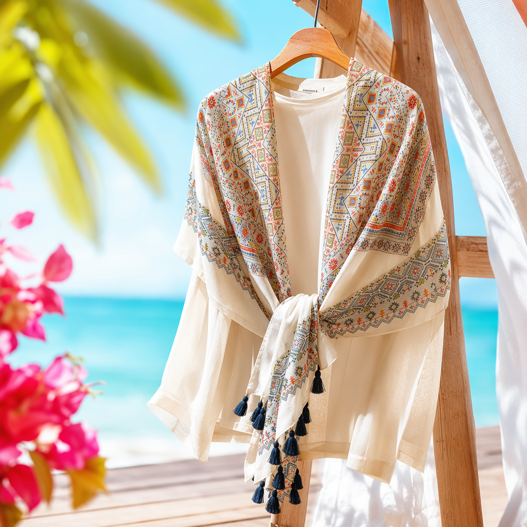 Colorful ethnic-style scarf, white top, long pure cotton warm, suitable for autumn and winter Specification image