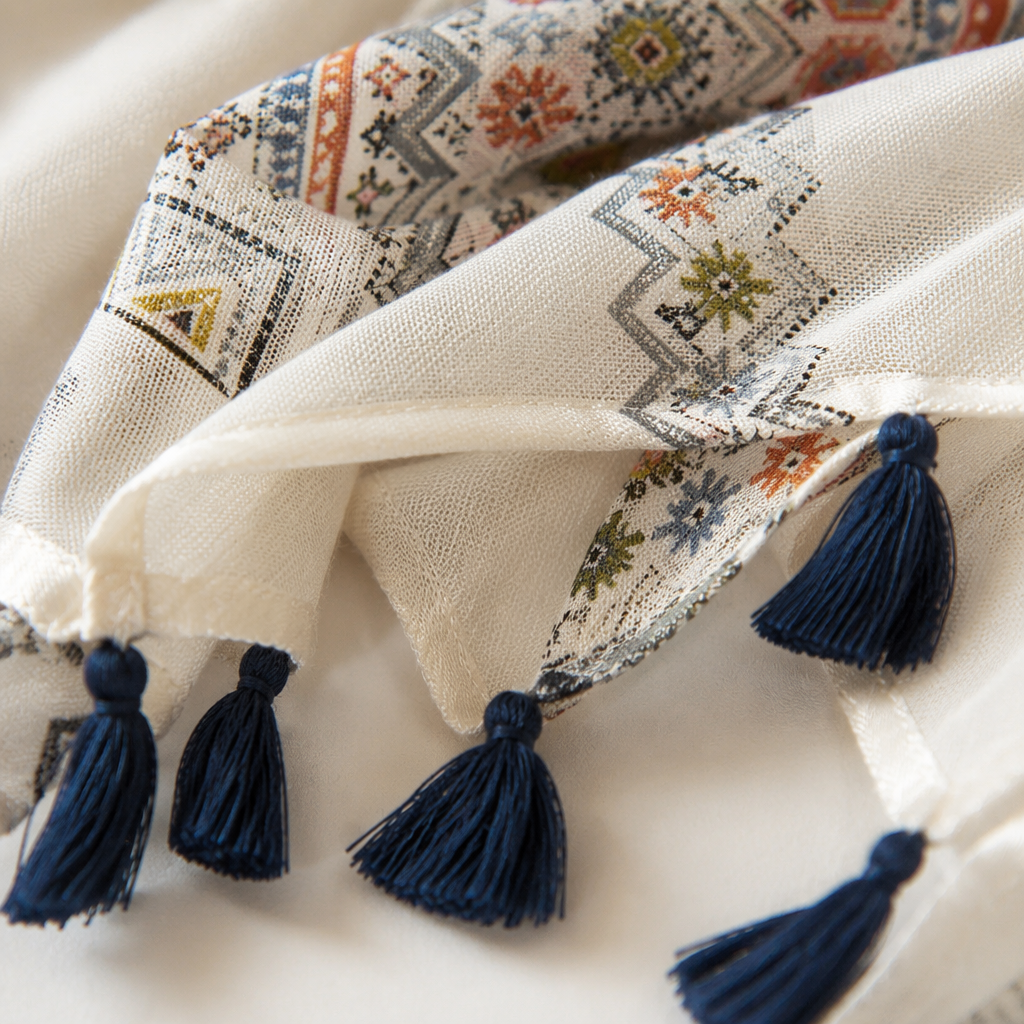 Colorful ethnic-style scarf, white top, long pure cotton warm, suitable for autumn and winter Application Scenario