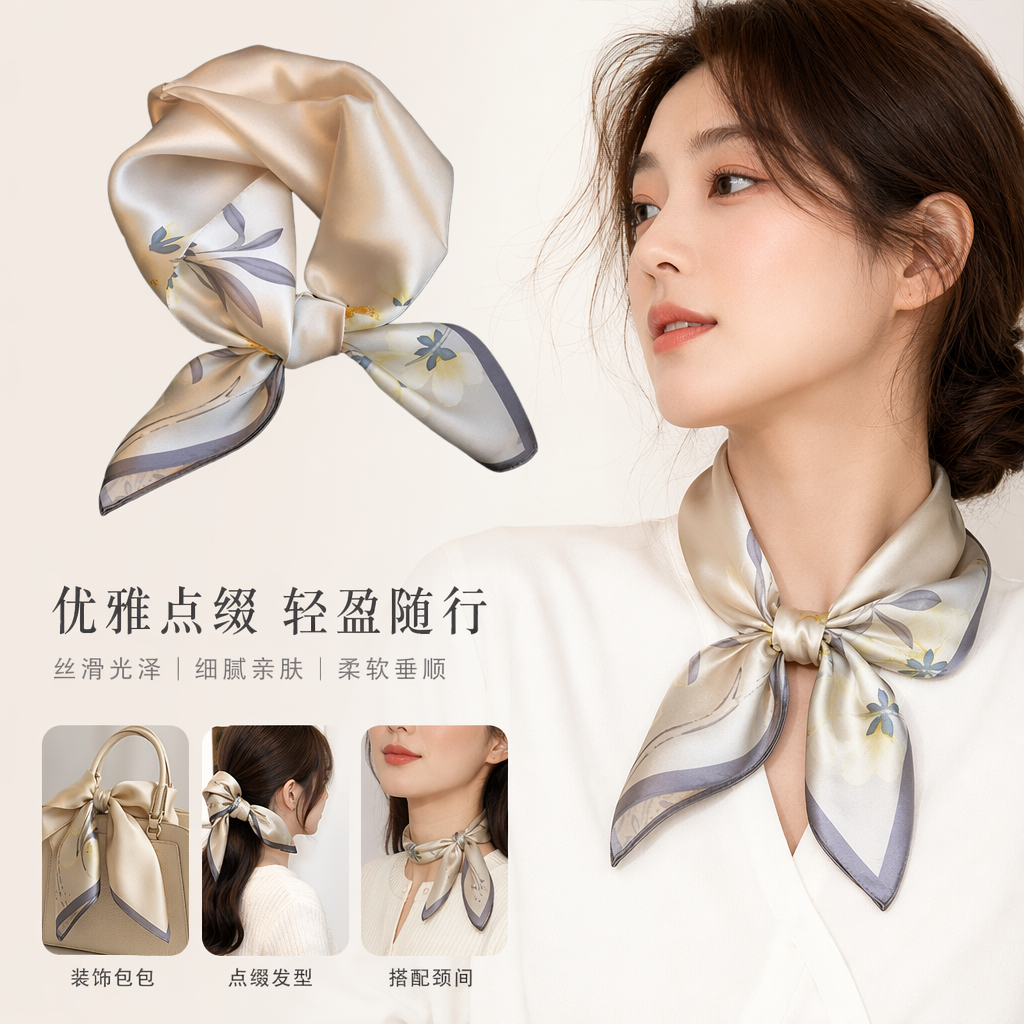 Beige floral printed silk scarf, a thin spring and summer scarf for women