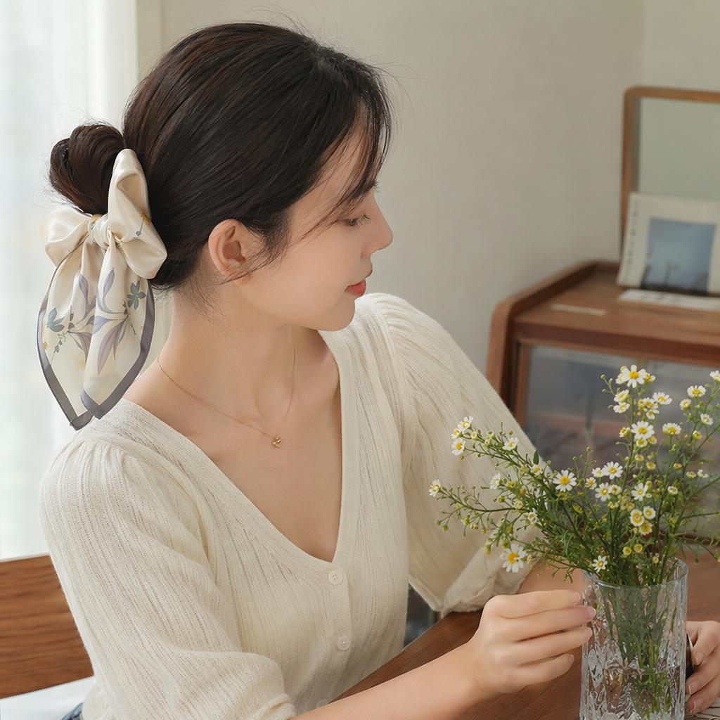 Beige floral printed silk scarf, a thin spring and summer scarf for women details Picture