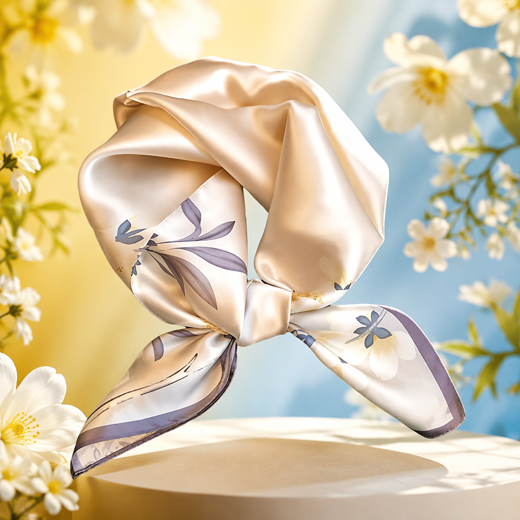 Beige floral printed silk scarf, a thin spring and summer scarf for women Specification image
