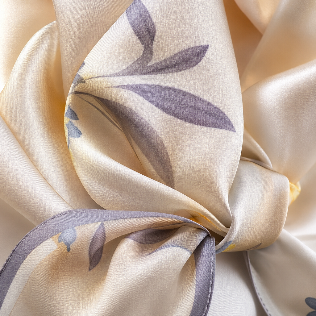 Beige floral printed silk scarf, a thin spring and summer scarf for women Application Scenario