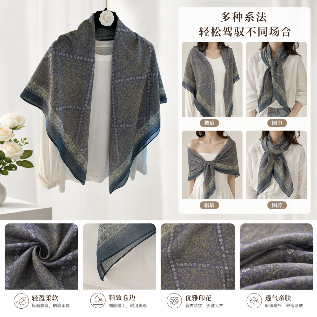 Purple patterned pure cotton scarf is warm, fashionable and versatile for ladies in autumn and winter