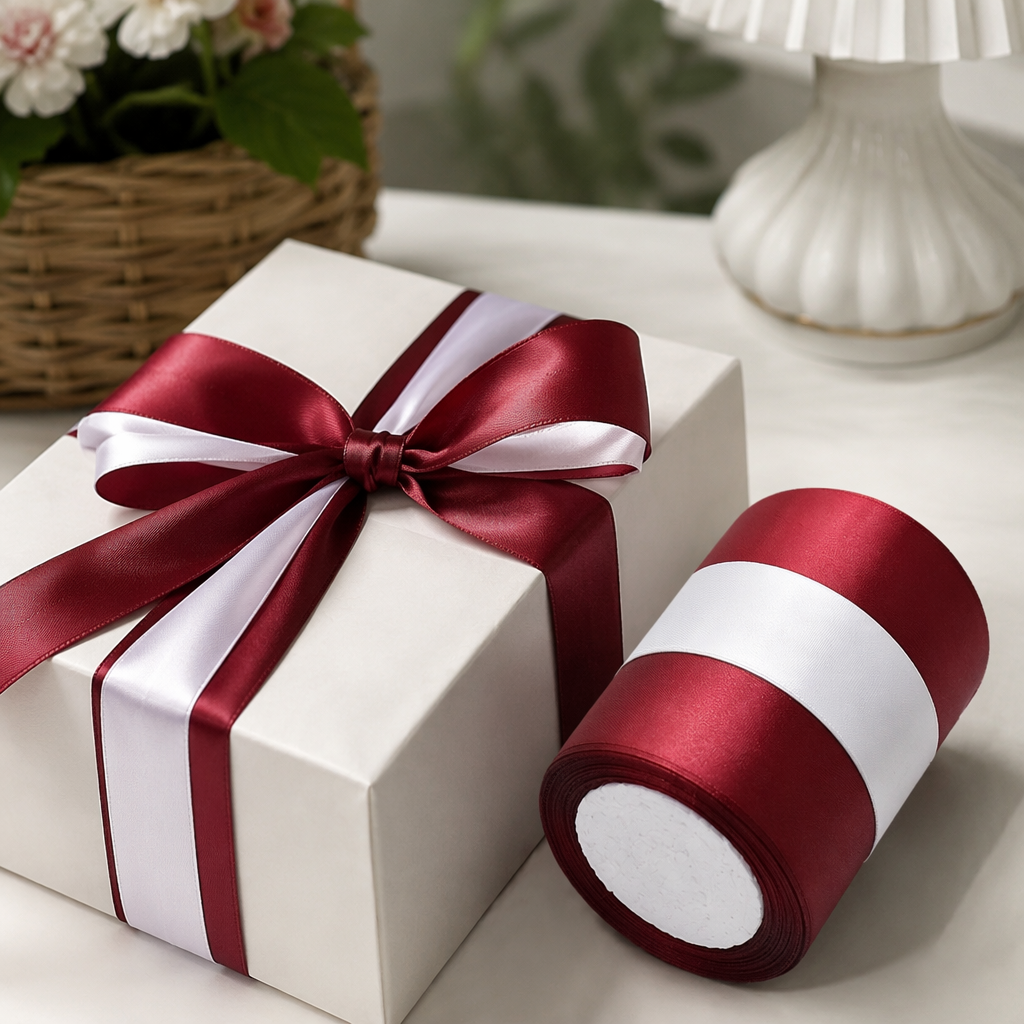 The wine red and white striped ribbon roll is used for decorating gift packaging and is wide and can be cut details Picture