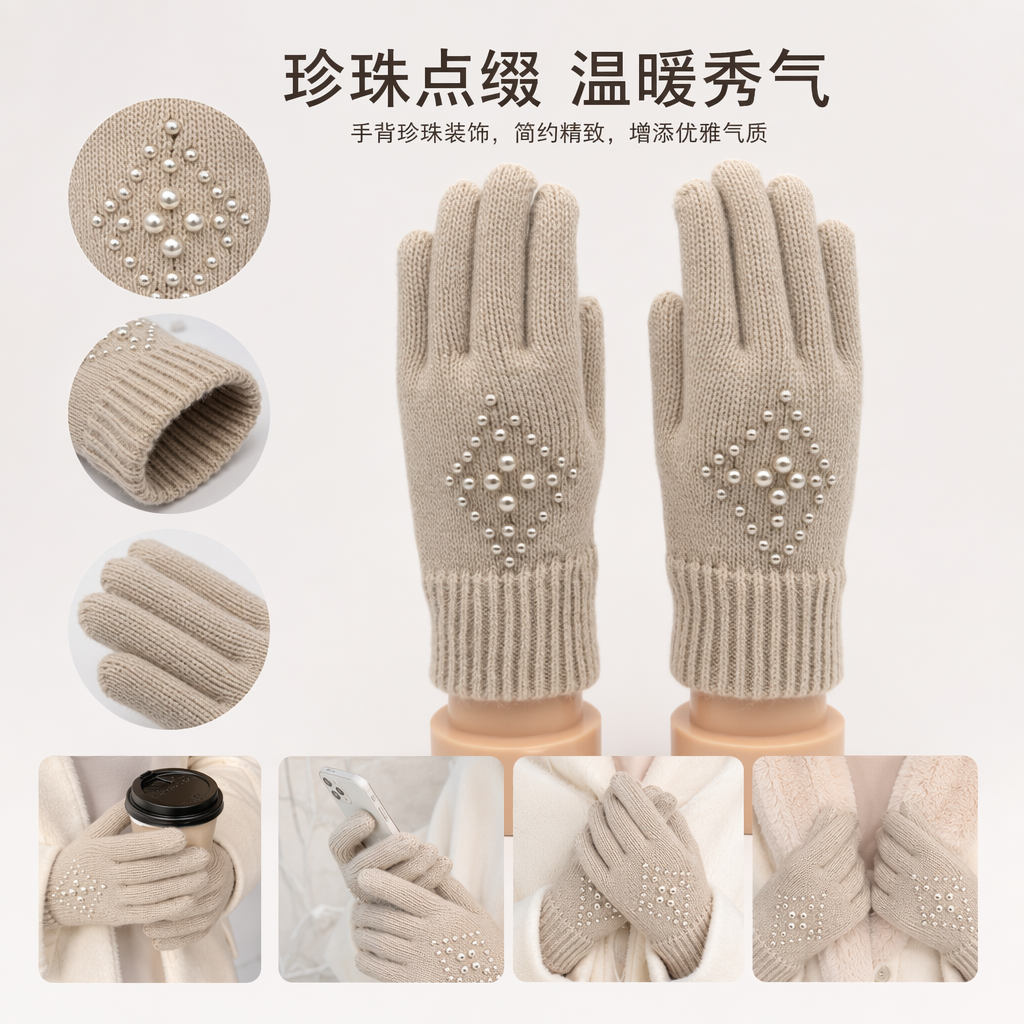 四双针织手套 黑色灰褐色米白色深灰色 掌心珍珠装饰