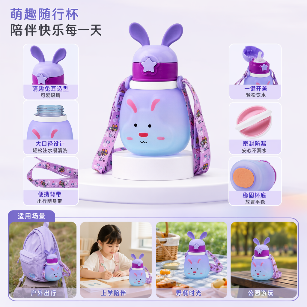 彩色兔子造型水杯 便携运动塑料水杯 350ml 防漏轻便耐用
