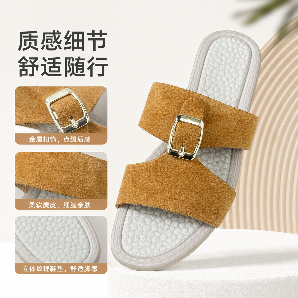 Brown suede double-buckle flip-flops for women's summer casual anti-slip soft soles