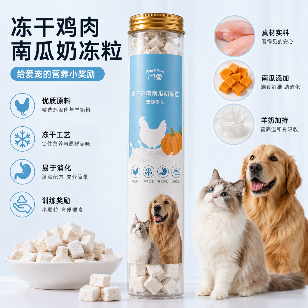 瓶装宠物冻干零食羊奶鸡肉粒 白色块状 猫狗图案蓝标中英文