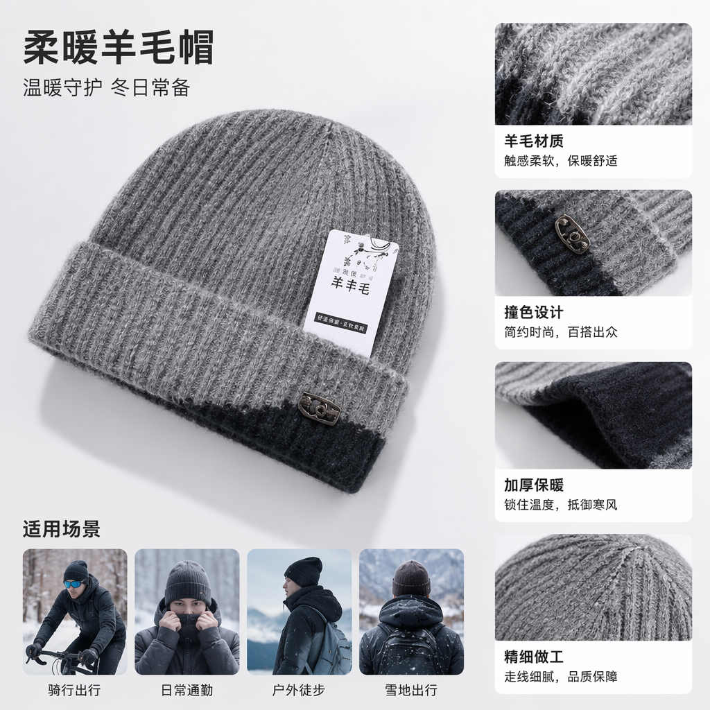 灰色与深色拼接针织帽 男女通用保暖毛线帽秋冬休闲帽