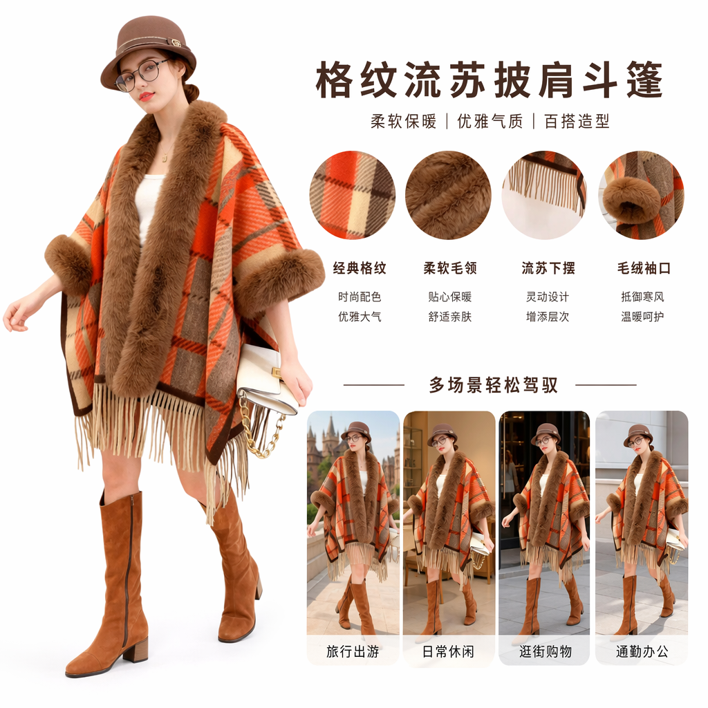 An orange-brown checkered woolen shawl with fox fur leader fringe trims An orange-brown checkered woolen shawl with fox fur leader fringe trims