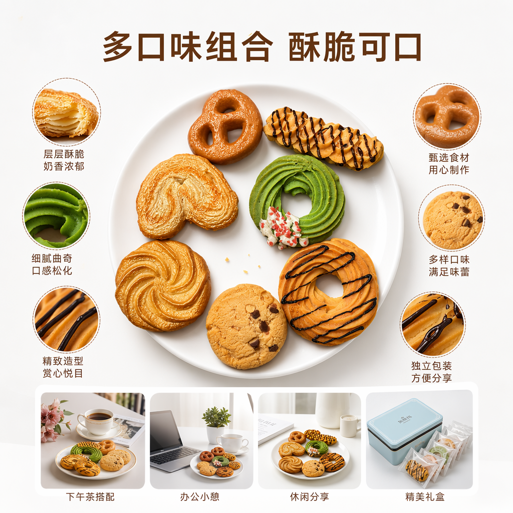 多种造型饼干 椒盐脆饼螺旋酥绿色环形巧克力豆曲奇 花岗岩台面
