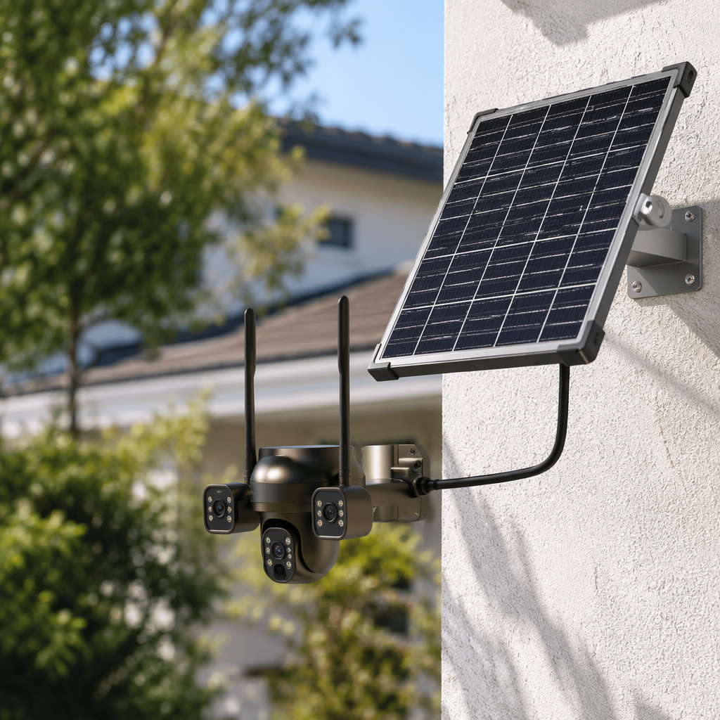 The black solar-powered surveillance camera is waterproof outdoors, wireless, remote, high-definition, night vision and has a long battery life details Picture