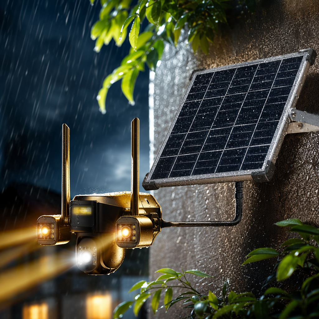 The black solar-powered surveillance camera is waterproof outdoors, wireless, remote, high-definition, night vision and has a long battery life Specification image