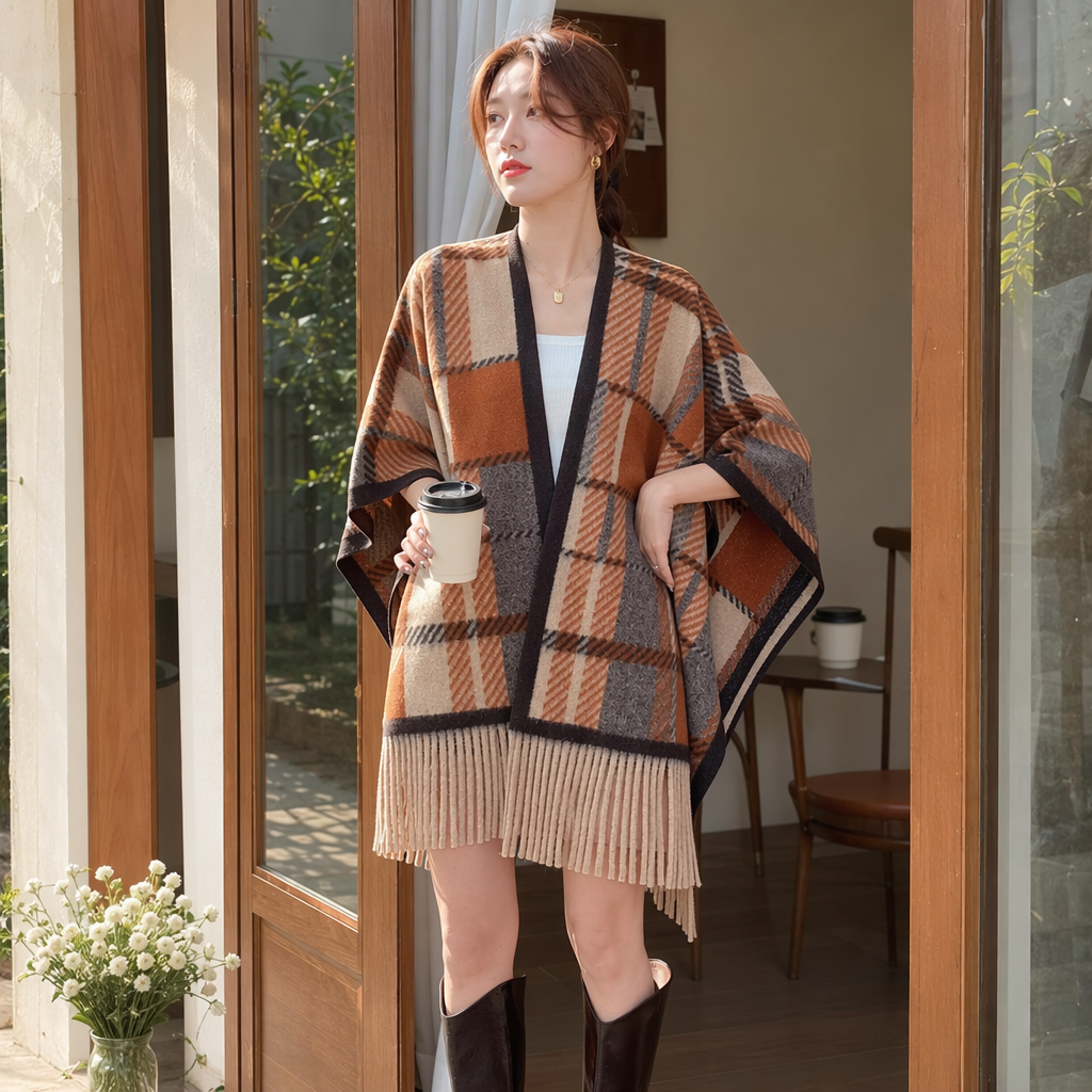 Checkered tassel shawl coat, thickened pure cotton, warm outerwear for autumn and winter details Picture