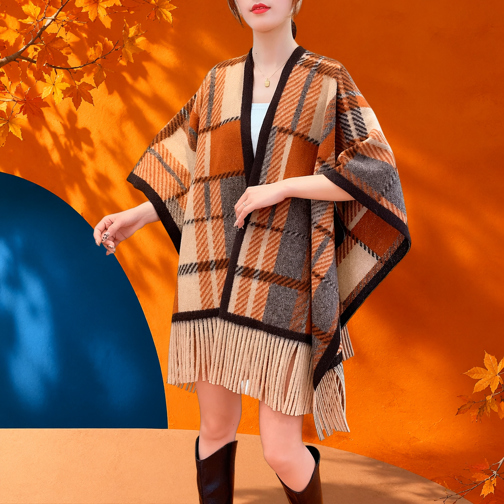 Checkered tassel shawl coat, thickened pure cotton, warm outerwear for autumn and winter Specification image