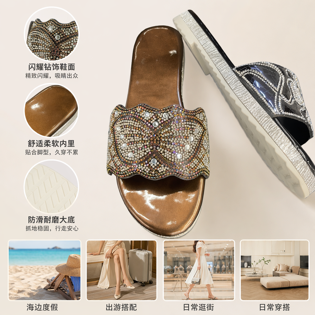Sparkling diamond decorated ladies' slippers, summer anti-slip soft-soled home cooling slippers