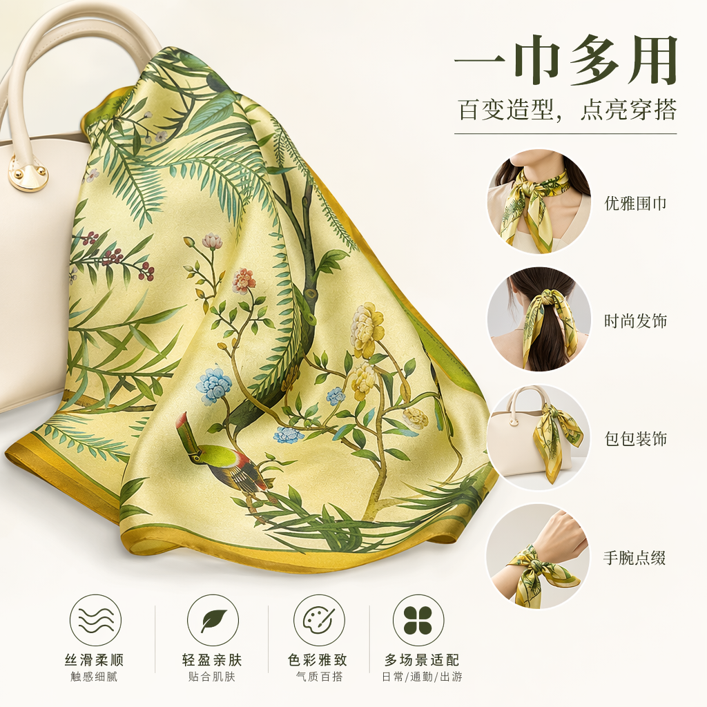 Yellow silk printed square scarf, small silk square scarf, thin accessories for spring and summer