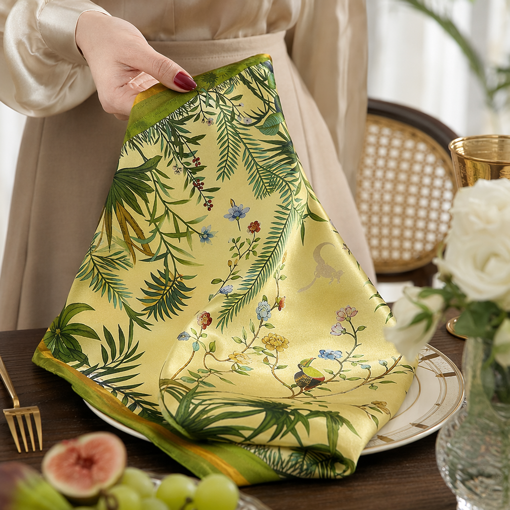 Yellow silk printed square scarf, small silk square scarf, thin accessories for spring and summer details Picture