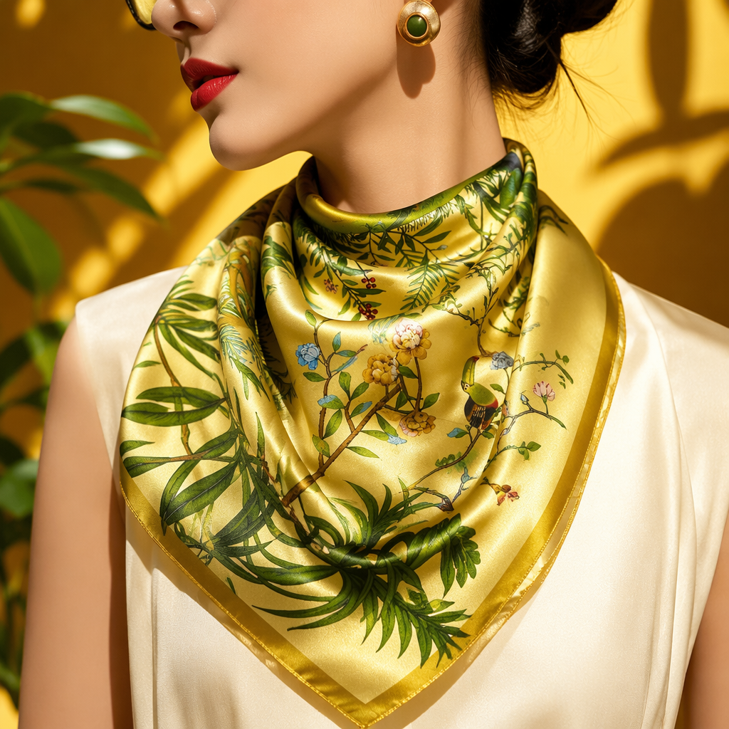 Yellow silk printed square scarf, small silk square scarf, thin accessories for spring and summer Specification image