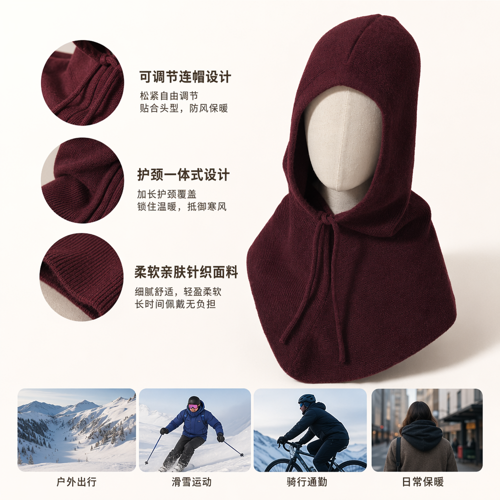 A wine-red knitted hooded scarf stacked with multi-color scarves as warm autumn and winter accessories