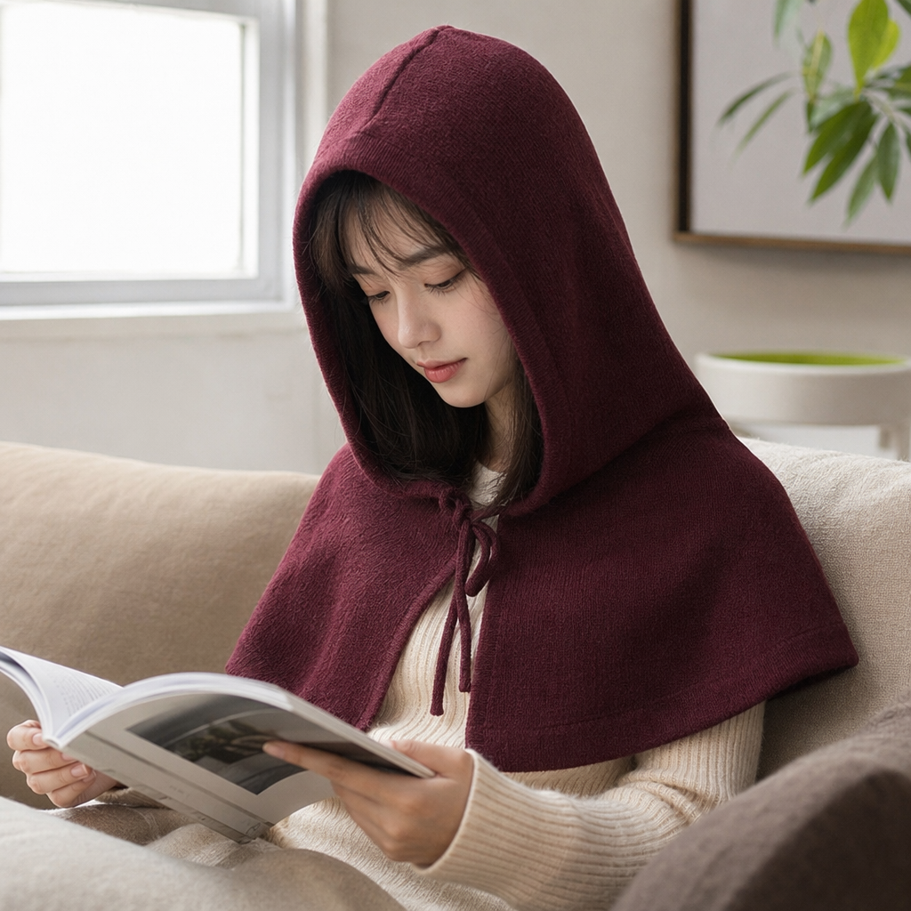 A wine-red knitted hooded scarf stacked with multi-color scarves as warm autumn and winter accessories details Picture