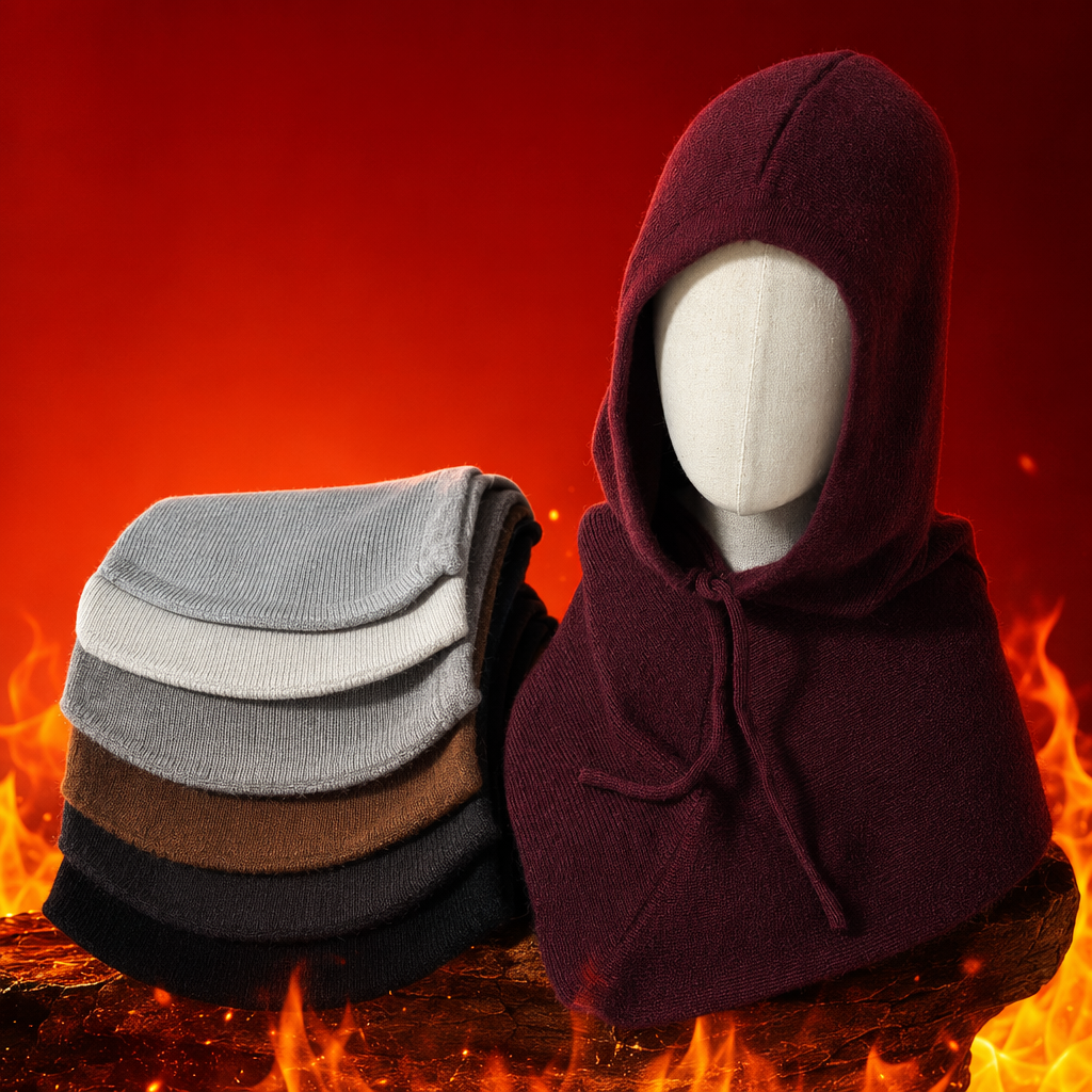 A wine-red knitted hooded scarf stacked with multi-color scarves as warm autumn and winter accessories Specification image