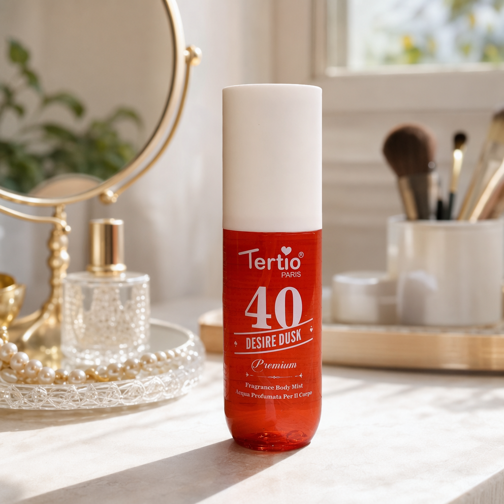 Tertio PARIS 40 DESIRE DUSK Premium Perfume spray, red bottle, white cap details Picture