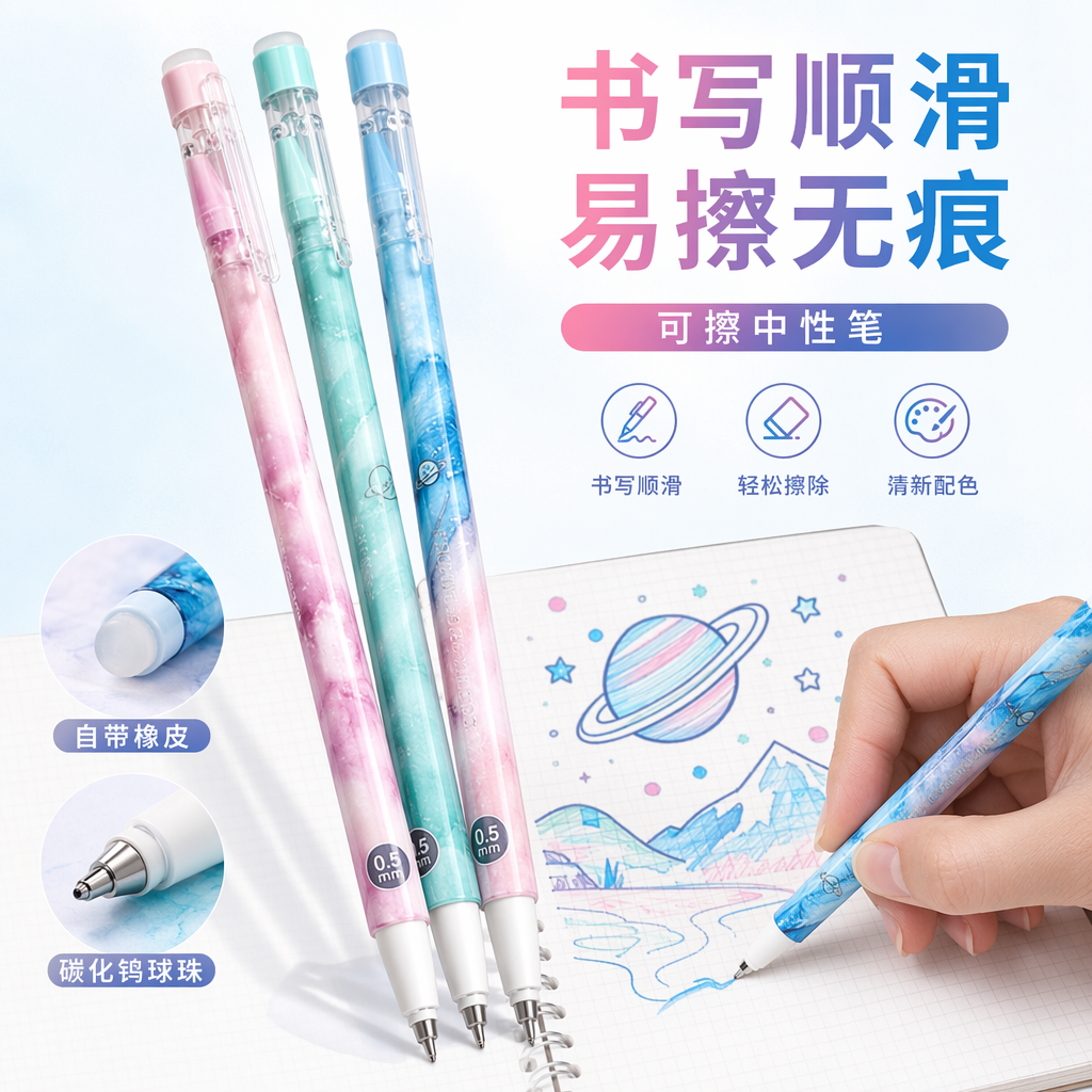 星空渐变笔身磨易可擦中性笔