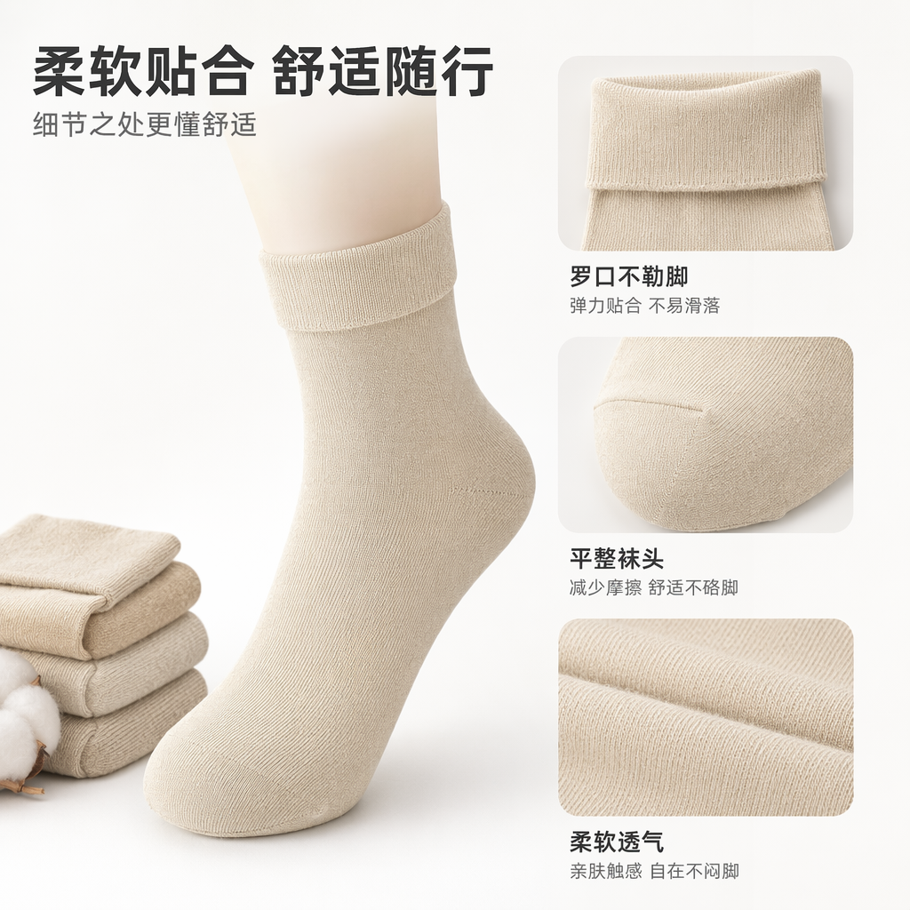 米色纯棉中筒袜 透气吸汗舒适百搭男女同款
