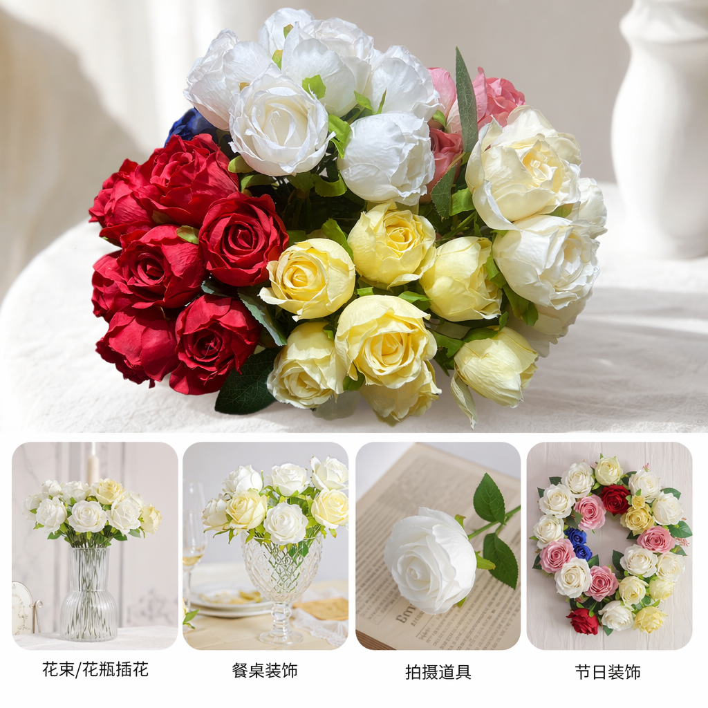 彩色人造玫瑰花束仿真绢花婚礼装饰客厅摆件