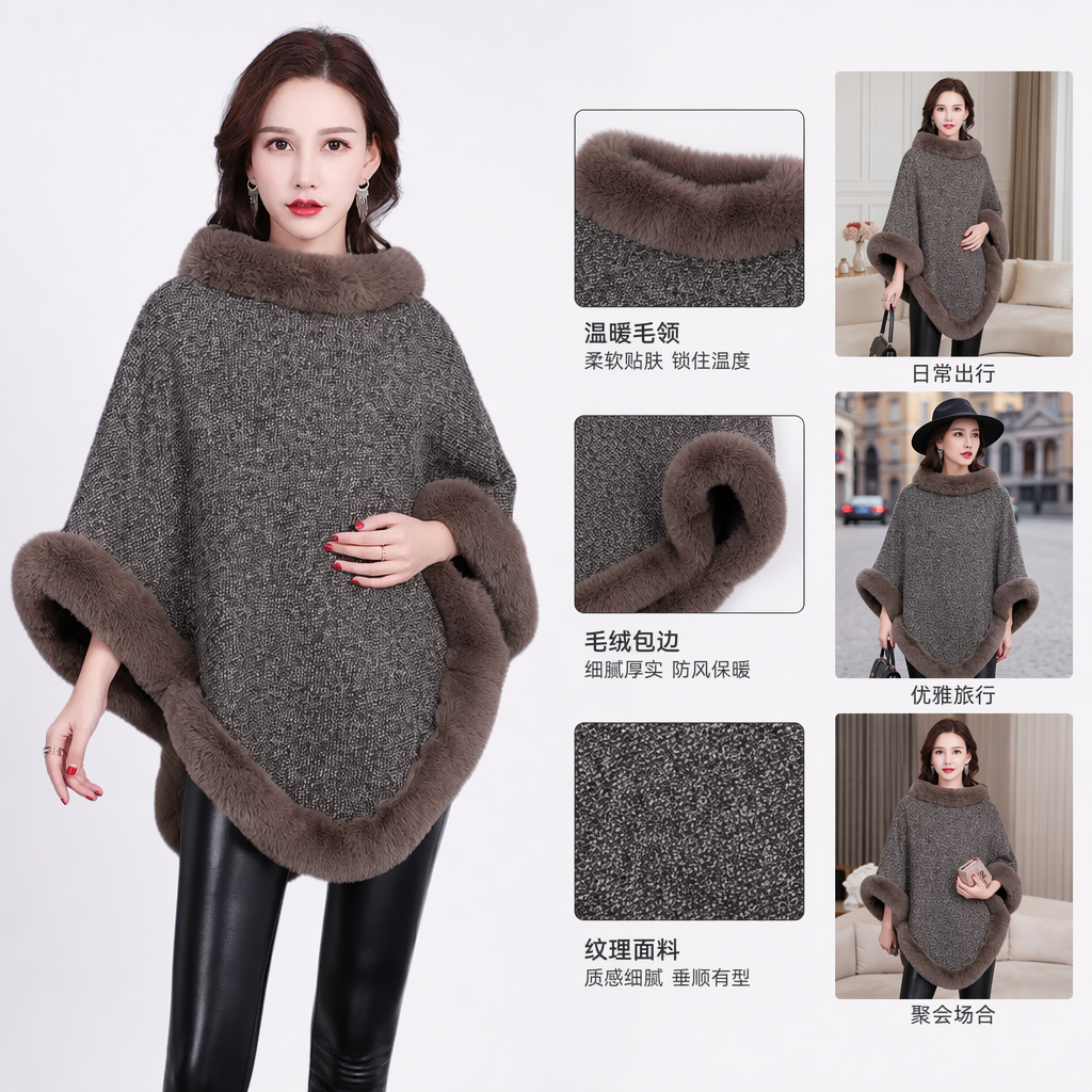 Grey woolen shawl with brown artificial fox fur trim for women Grey woolen shawl with brown artificial fox fur trim for women
