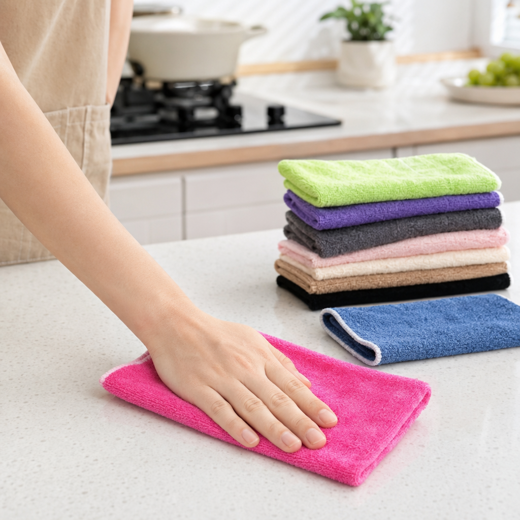 Colorful towels and rags absorb water and dry quickly. They are multi-functional for kitchen and household cleaning and wiping details Picture