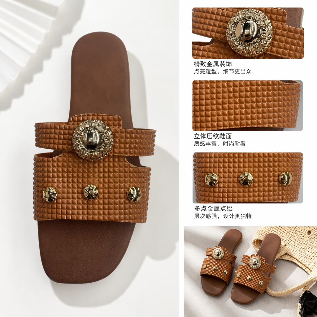 棕色铆钉装饰凉鞋 女士夏季时尚百搭休闲平底 sandals