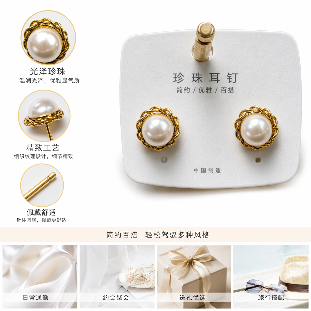 Golden woven pearl stud earrings for women, a light and luxurious style, are fashionable and versatile