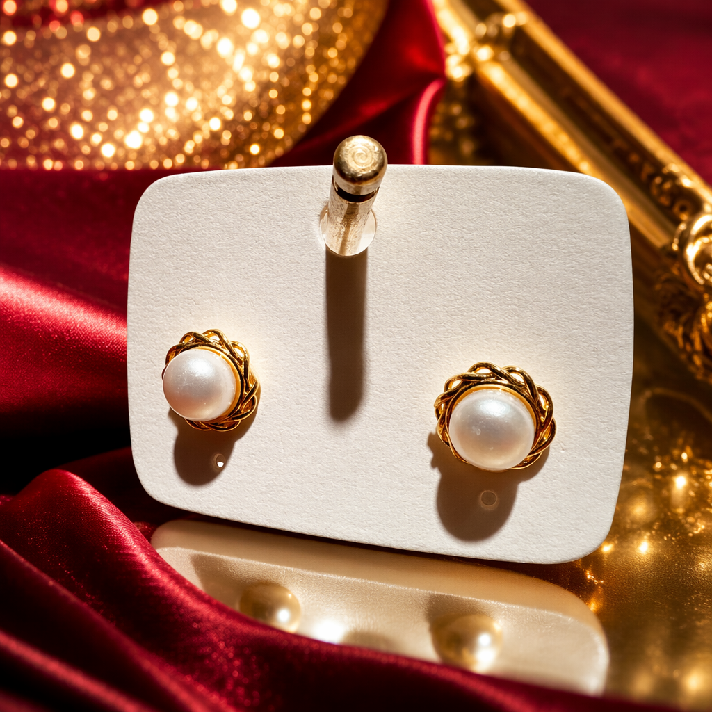 Golden woven pearl stud earrings for women, a light and luxurious style, are fashionable and versatile Specification image