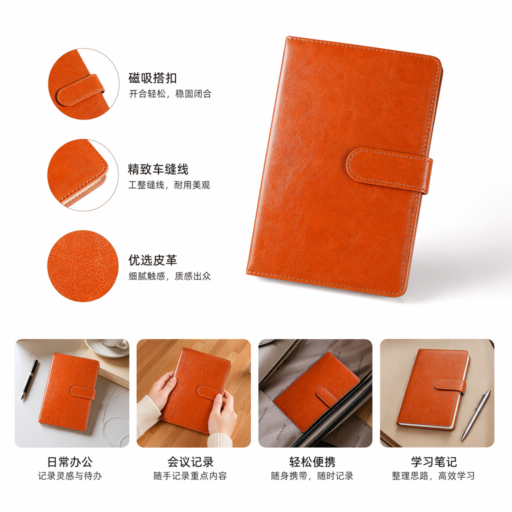 橙色皮质笔记本A5商务简约手账本真皮质感记事本