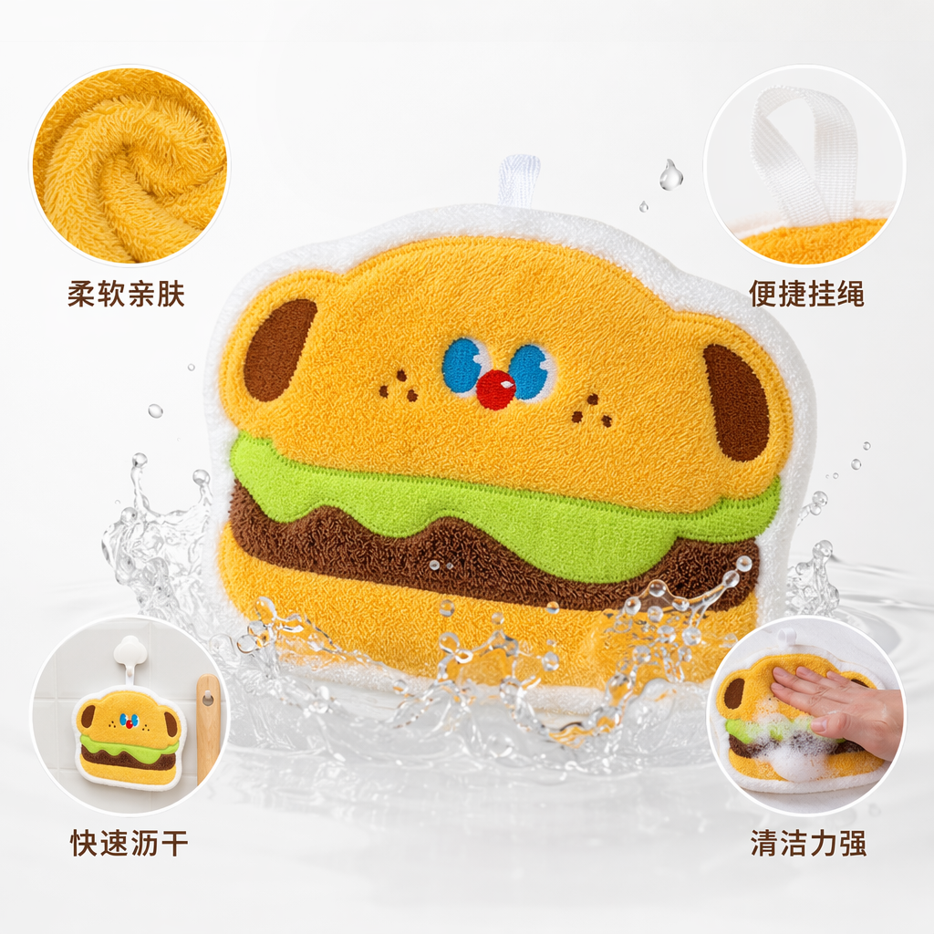 黄色汉堡造型擦手巾儿童专用吸水速干可爱叶子图案