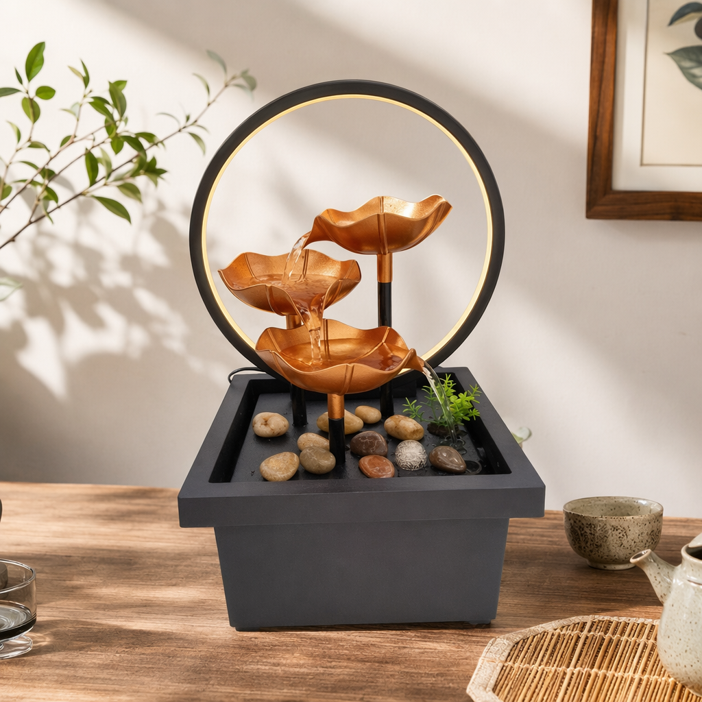 New fountain office desktop water flow ornament, creative lotus leaf water flow decoration with lighting, Zen water flow ornament details Picture