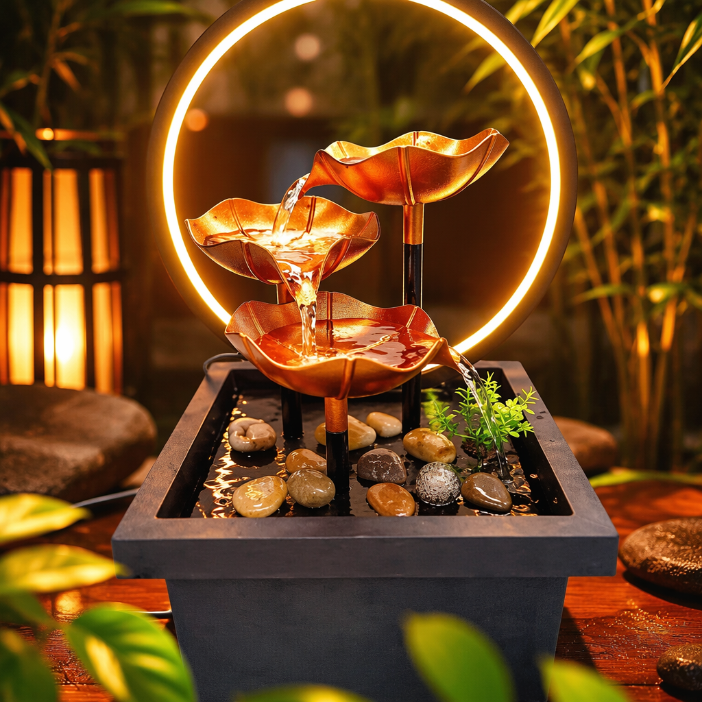 New fountain office desktop water flow ornament, creative lotus leaf water flow decoration with lighting, Zen water flow ornament Specification image