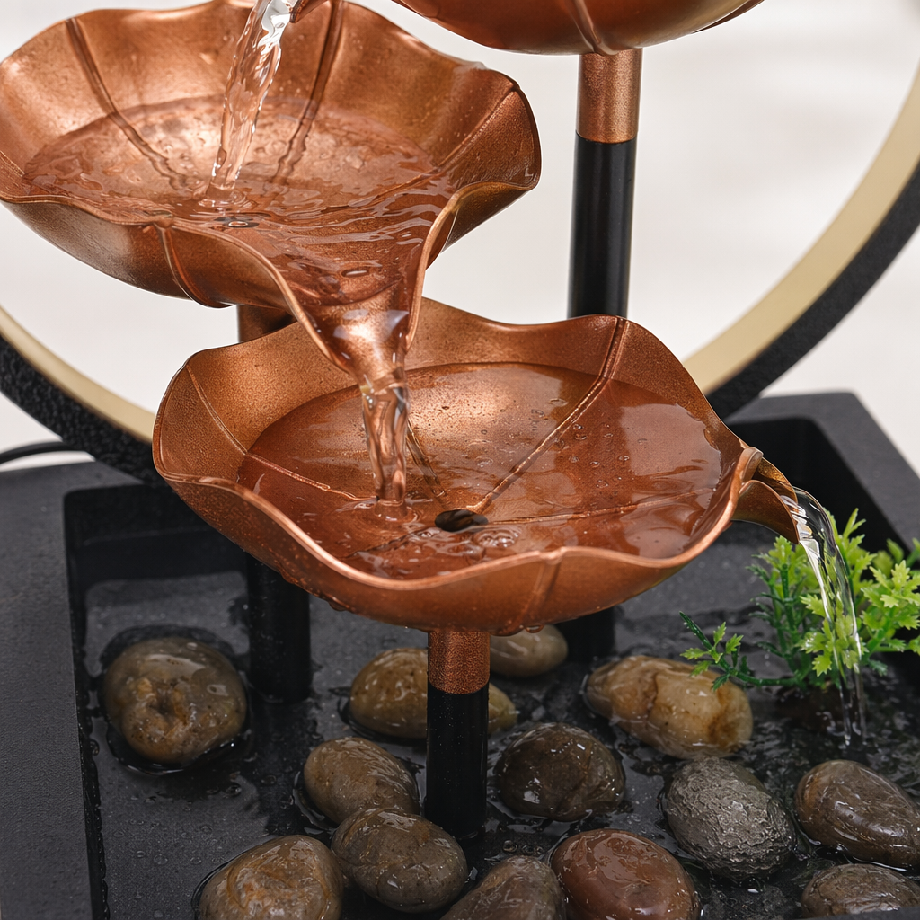 New fountain office desktop water flow ornament, creative lotus leaf water flow decoration with lighting, Zen water flow ornament Application Scenario
