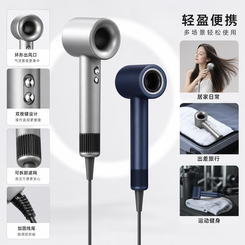 银色蓝色双款高速吹风机 家用大功率负离子干发