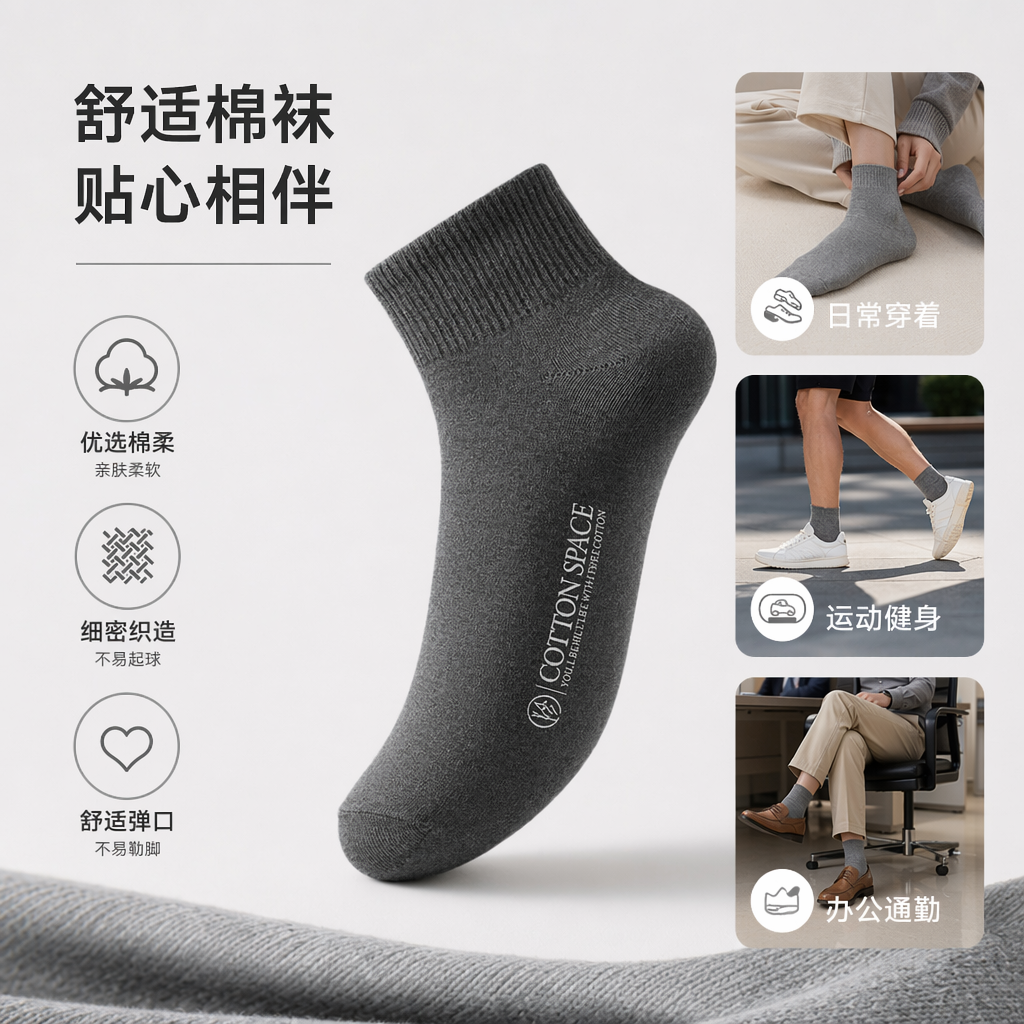 深灰色短筒男袜纯棉吸汗透气商务休闲运动袜