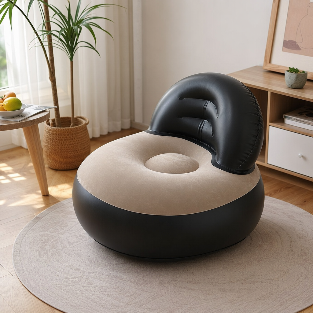 A black inflatable chair with a light blue cushion is a portable outdoor camping seat for home use details Picture