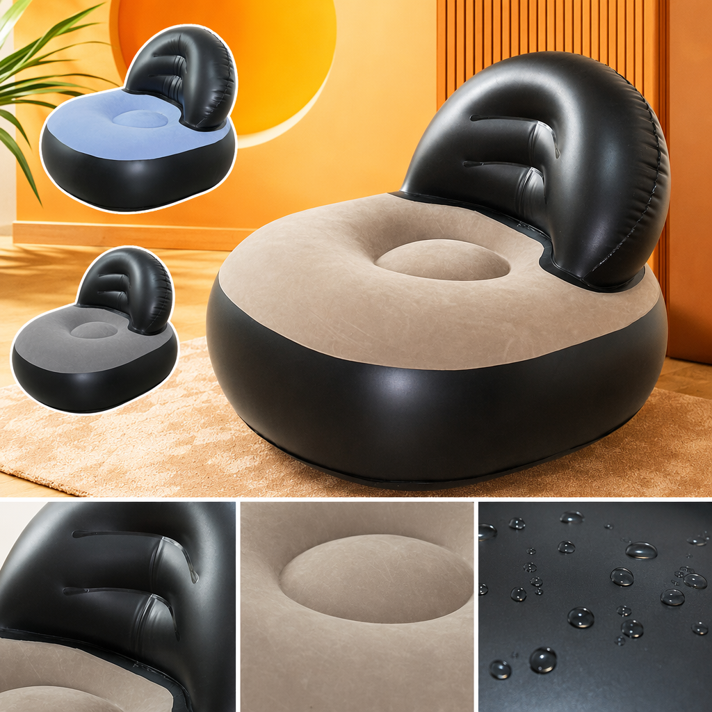 A black inflatable chair with a light blue cushion is a portable outdoor camping seat for home use Specification image