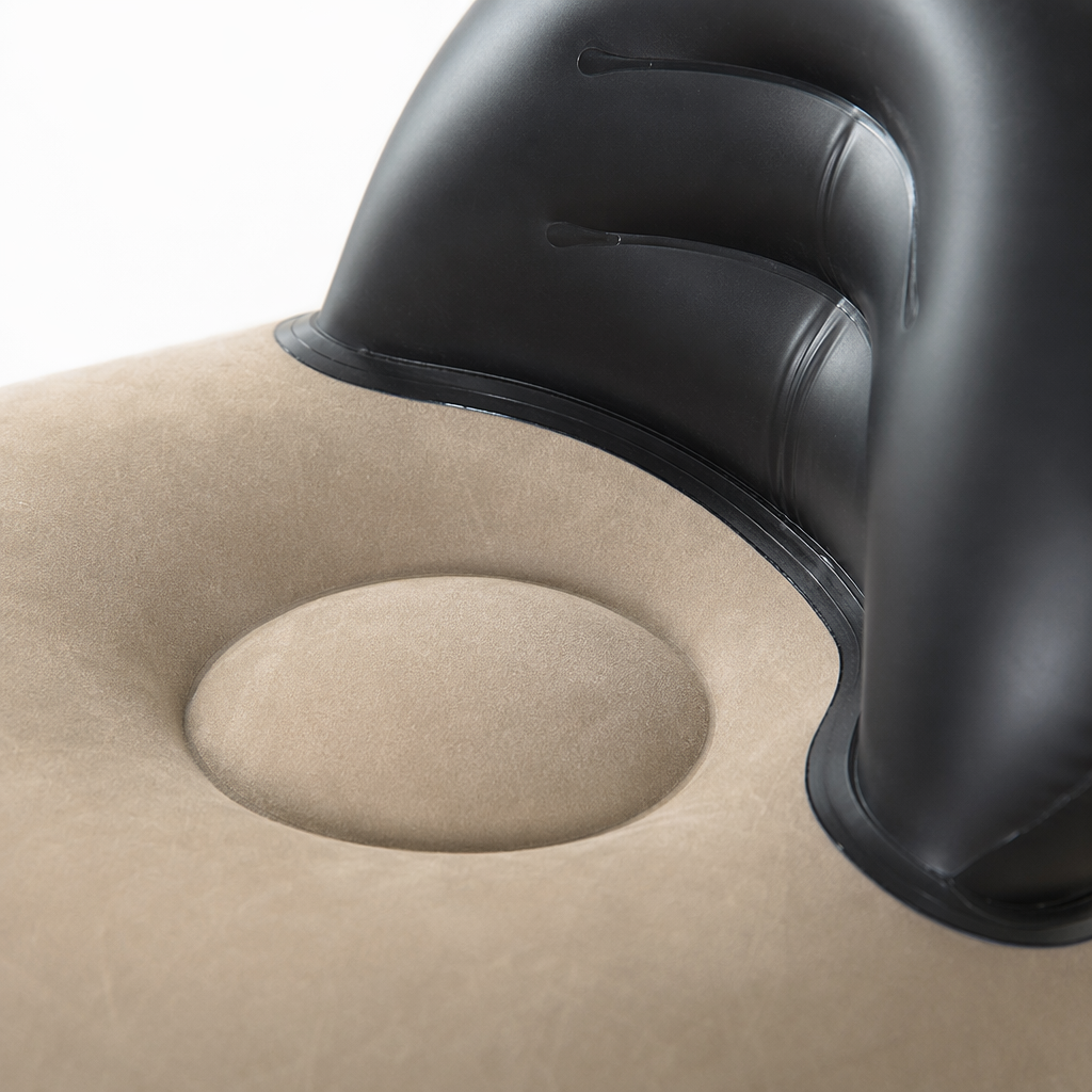 A black inflatable chair with a light blue cushion is a portable outdoor camping seat for home use Application Scenario