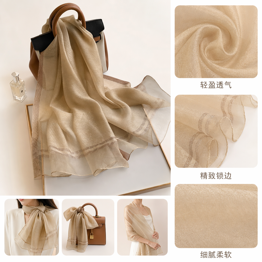 Beige silk scarf for women in spring and summer is light, breathable and elegant