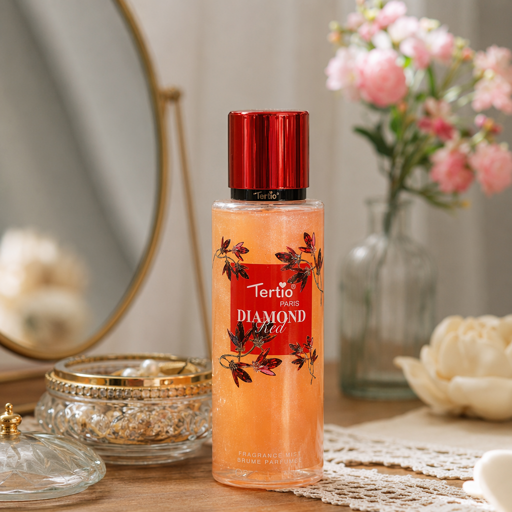 Tertio PARIS DIAMOND Red Orange perfume spray bottle with red cap floral pattern details Picture