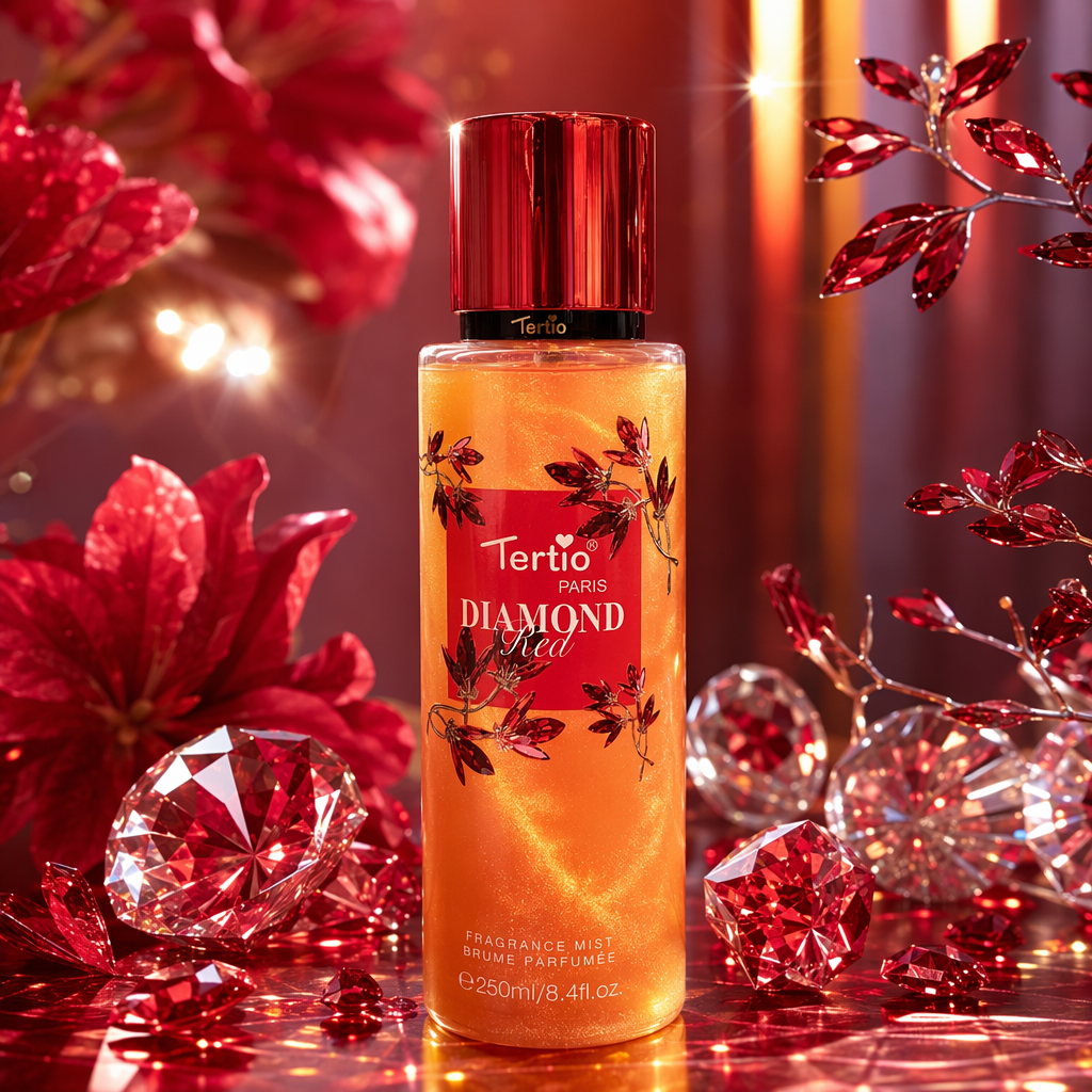Tertio PARIS DIAMOND Red Orange perfume spray bottle with red cap floral pattern Specification image