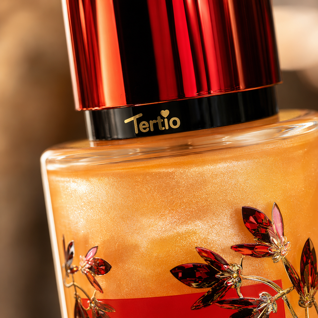 Tertio PARIS DIAMOND Red Orange perfume spray bottle with red cap floral pattern Application Scenario
