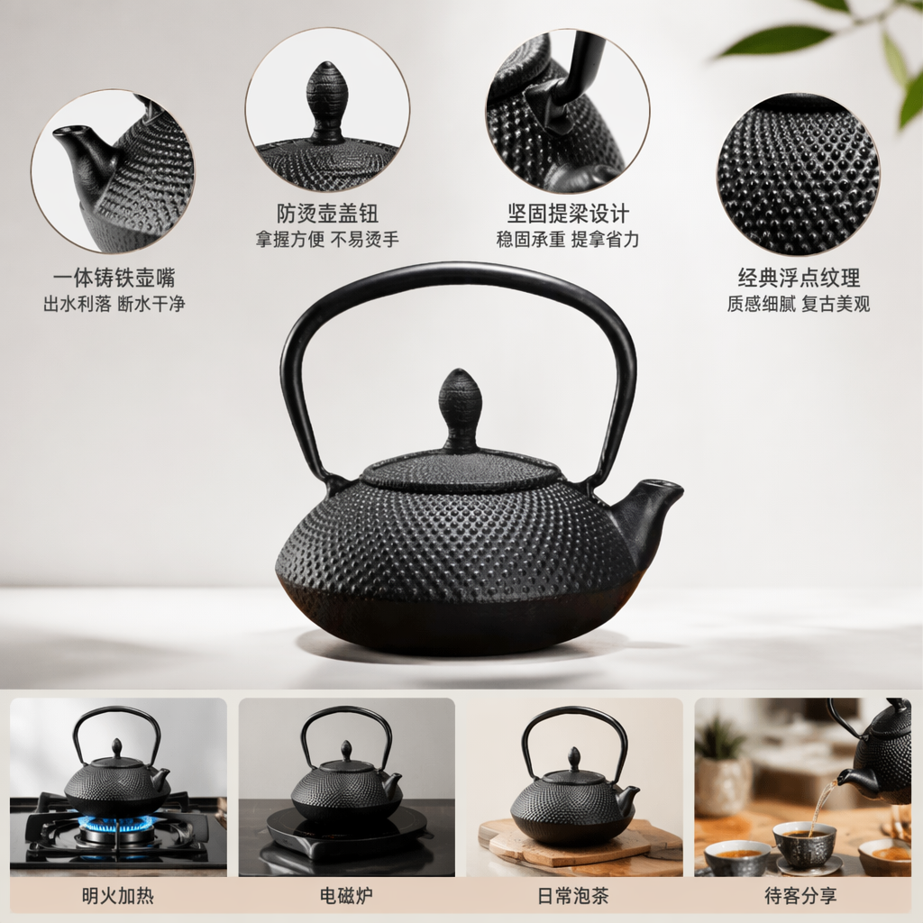 黑色锤纹铁壶 日式煮水壶 烧水壶 养壶茶具 家用厨房炊具